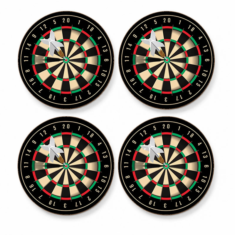 Set of four round dartboard coasters for darts fans