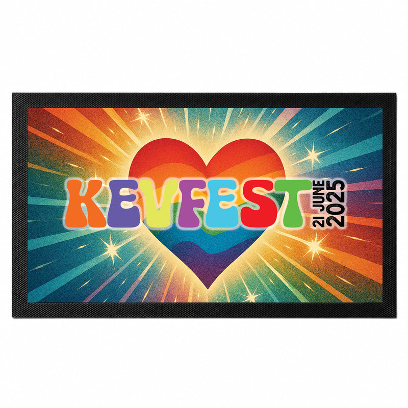 Personalised festival bar mat with custom KEVFEST name and date