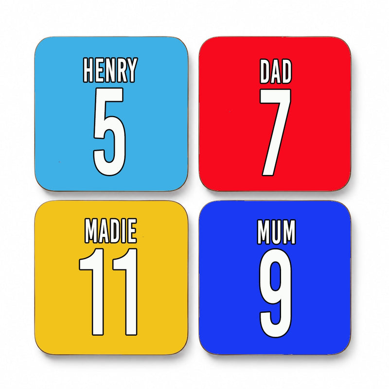 Personalised Football Shirt Coasters – Set of 4 Custom Name & Number Coasters