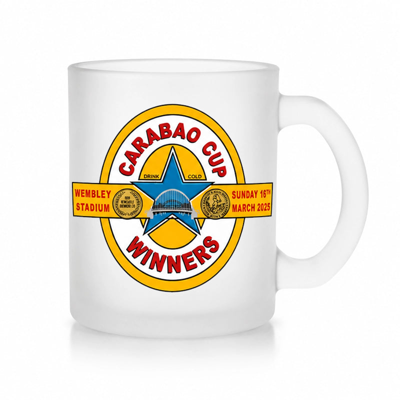 2025 Carabao Cup Winners Frosted Glass Mug with UV printed commemorative Toon winners badge design