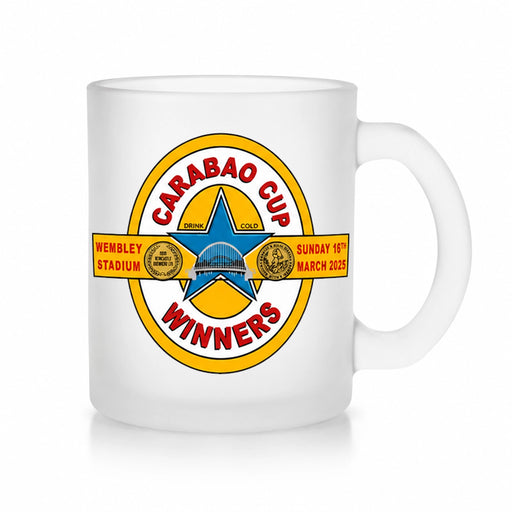 2025 Carabao Cup Winners Frosted Glass Mug with UV printed commemorative Toon winners badge design