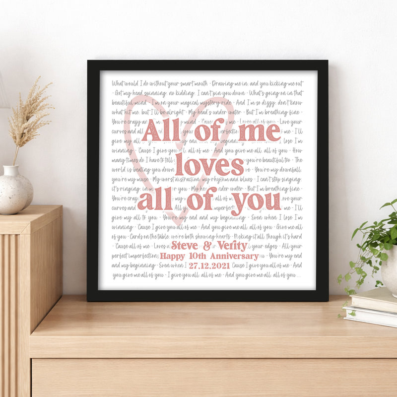 Our Song Print Large Lyrics and Romantic Heart Personalised