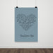 Personalised song lyric heart print with bold main lyric line and custom song title, blue background colour option, modern typography