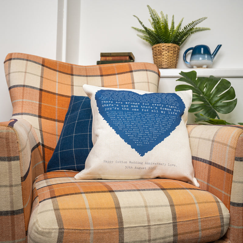 Personalised Heart Song Lyric Cushion Cover (2nd Cotton Anniversary Gift)