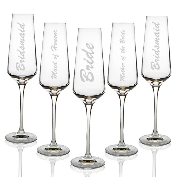 Personalised Bridal Party Champagne Flutes – Engraved Glasses for Bridesmaids, Bride & Maid of Honour (215ml)
