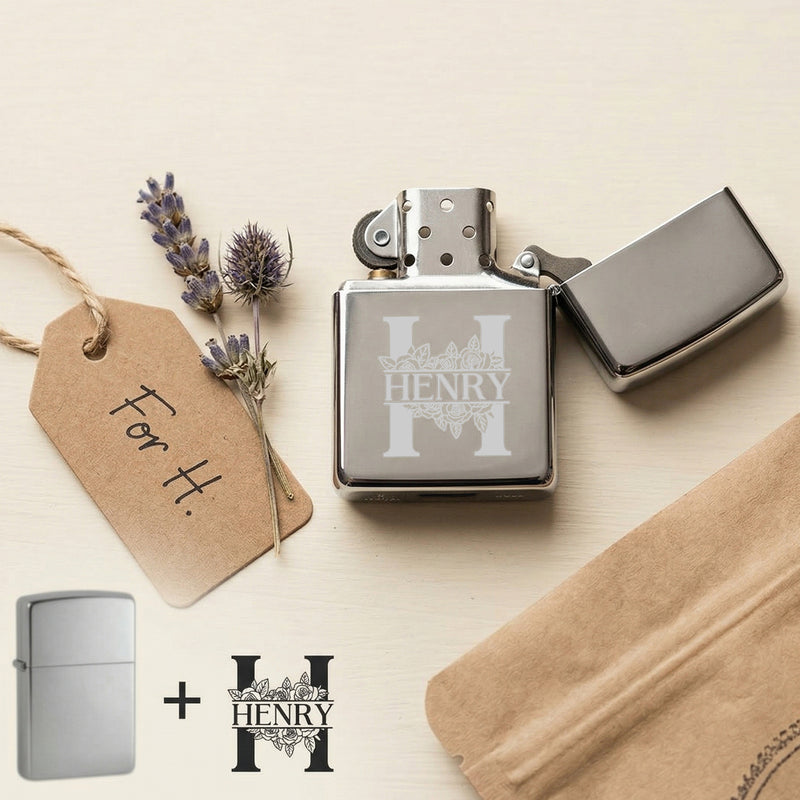 Personalised Engraved Flip Lighter – Custom Initial & Name Floral Letter Design – Chrome or Gold Gift for Him