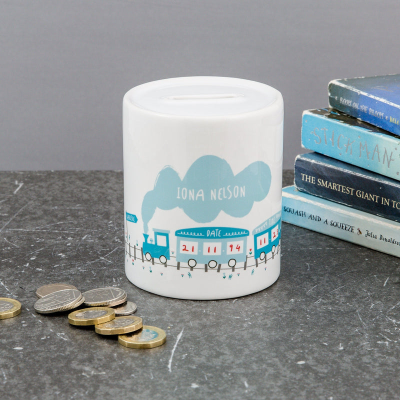 Custom New Baby Gift - Train Money Box Birth Announcement Personalised Name Date Time - For Modern Nursery