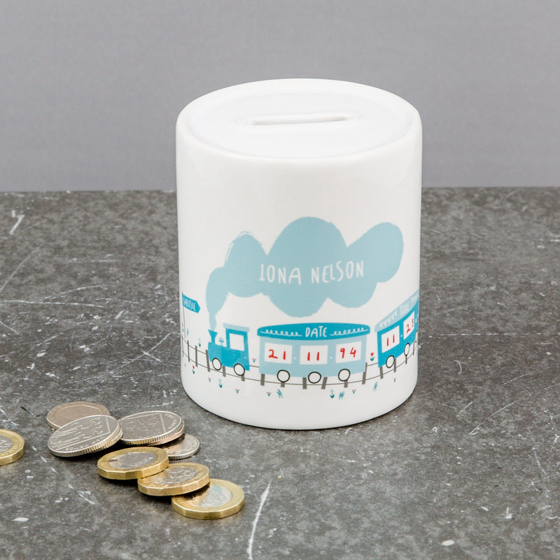 Custom New Baby Gift - Train Money Box Birth Announcement Personalised Name Date Time - For Modern Nursery