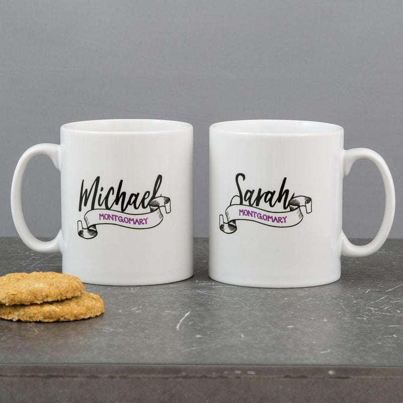 Mug Set For Couple - Sugar Skull Daisies And Illustrated Heart Tattoo Personalised - Wedding Gift