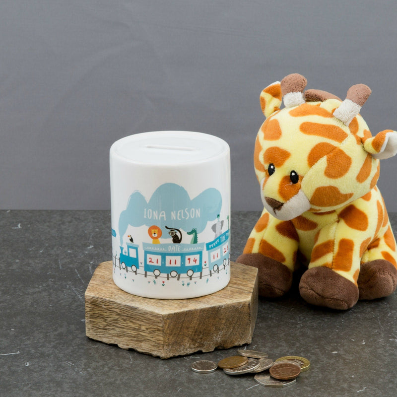 Personalised New Baby Gift - Adventure Animals On Train Money Box - Baby Gift