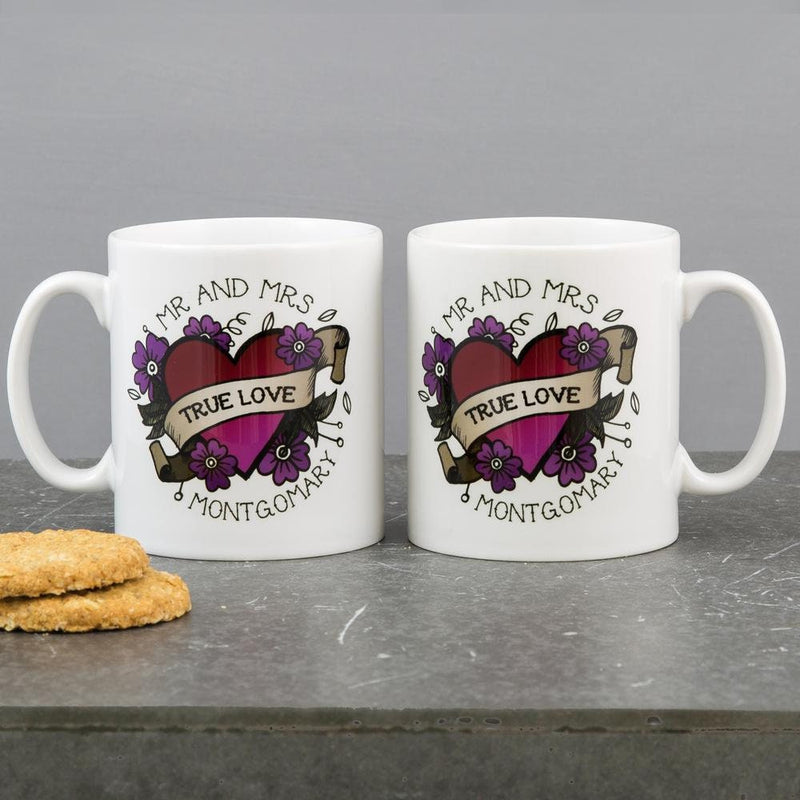 Mug Set For Couple - Sugar Skull Daisies And Illustrated Heart Tattoo Personalised - Wedding Gift