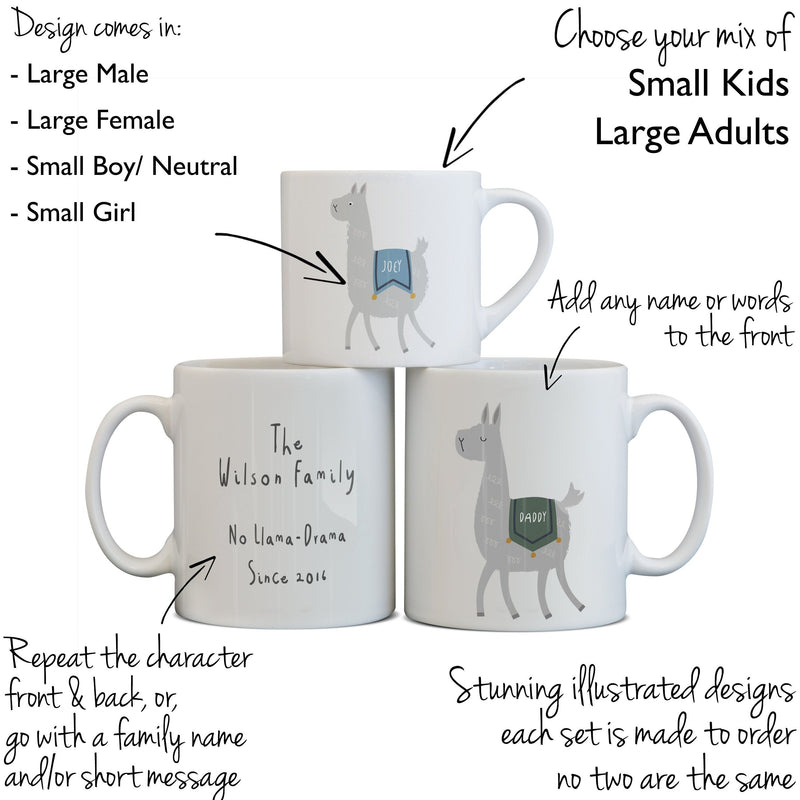 Llama Personalised Mug Set - Fun Mummy Daddy Baby Llama Drama Family Gift - Mama Papa Toddler Mug Set Christmas Eve Present