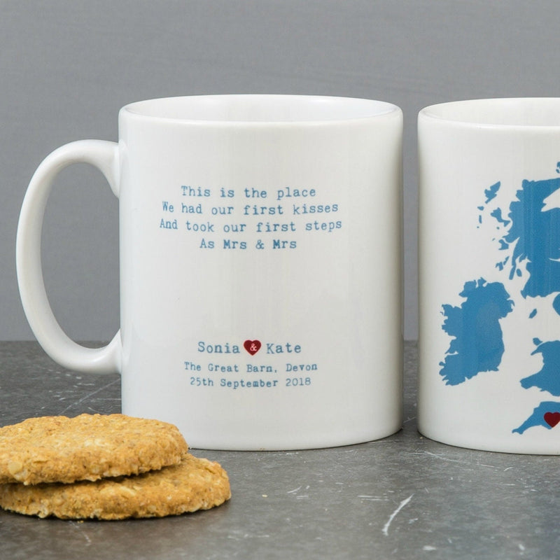 Wedding Gift - Personalised Heart Venue Location Map Mug With Poem - Mr & Mrs, Mr & Mr, Mrs & Mrs