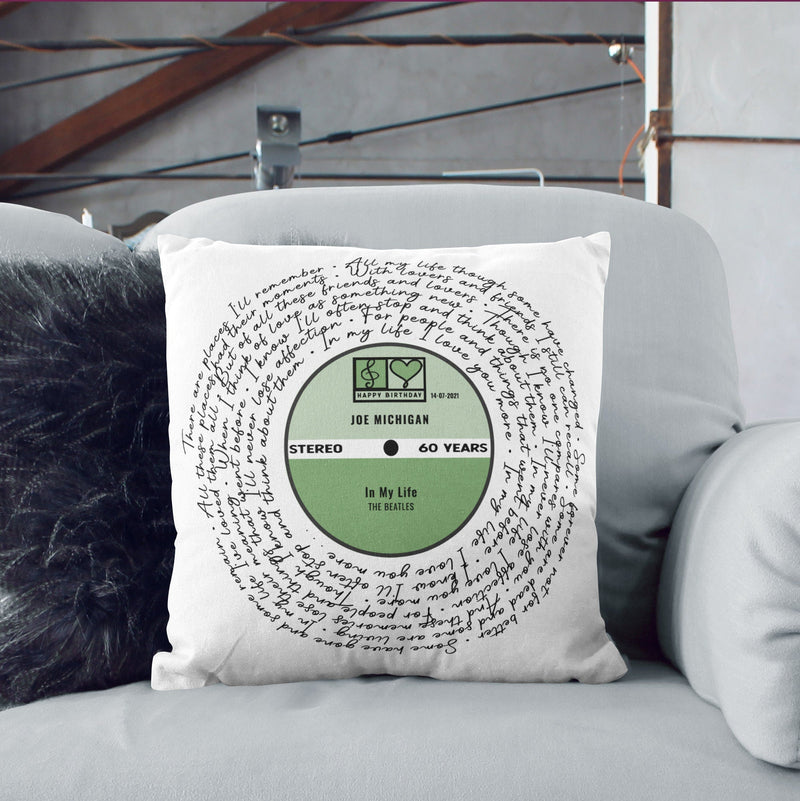 Personalised Script Lyrics Vinyl Cushion – Custom Anniversary Song Gift