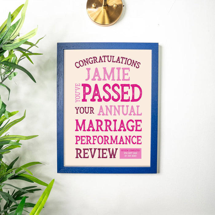 Personalised Funny Anniversary Print – Marriage Performance Review Wall Art – Framed or Unframed – Romantic Gift for Husband Wife Couple