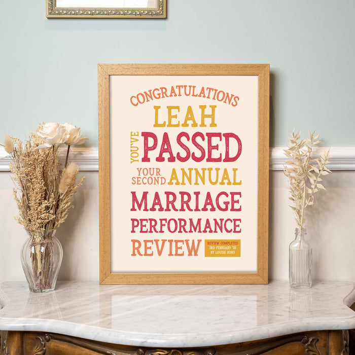 Personalised Funny Anniversary Print – Marriage Performance Review Wall Art – Framed or Unframed – Romantic Gift for Husband Wife Couple