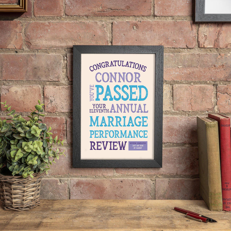 Personalised Funny Anniversary Print – Marriage Performance Review Wall Art – Framed or Unframed – Romantic Gift for Husband Wife Couple