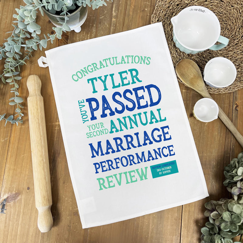 Personalised Marriage Performance Review Tea Towel – Funny Anniversary Gift for Him or Her | Custom Text | 1st, 2nd, 10th Year