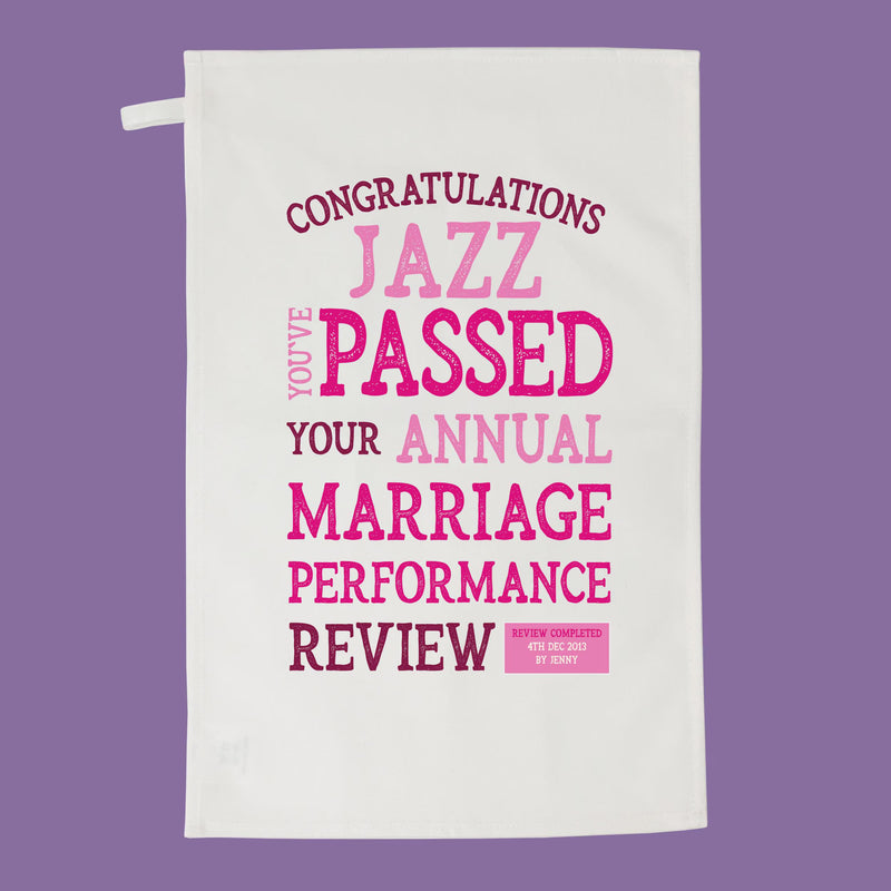 Personalised Marriage Performance Review Tea Towel – Funny Anniversary Gift for Him or Her | Custom Text | 1st, 2nd, 10th Year