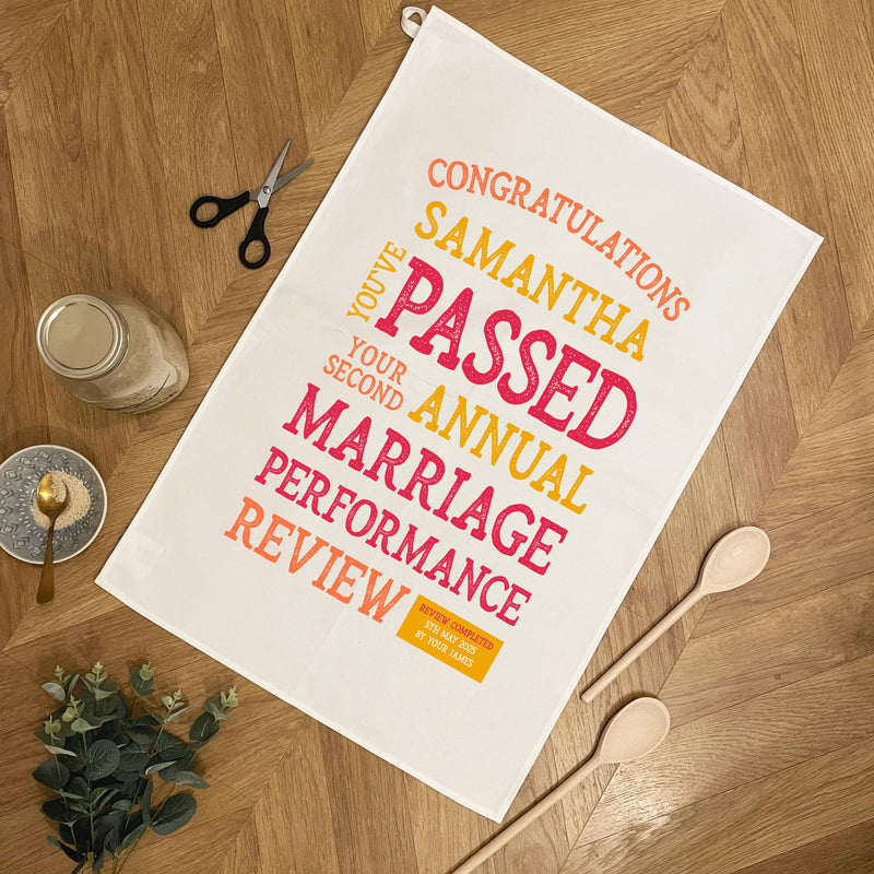 Personalised Marriage Performance Review Tea Towel – Funny Anniversary Gift for Him or Her | Custom Text | 1st, 2nd, 10th Year