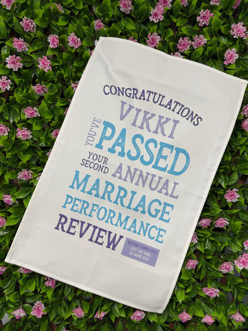 Personalised Marriage Performance Review Tea Towel – Funny Anniversary Gift for Him or Her | Custom Text | 1st, 2nd, 10th Year