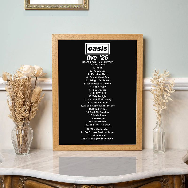 Personalised Oasis Live '25 Setlist Print – A4 or A3 Framed Wall Art | Music Poster | Fan Gift | Britpop Decor