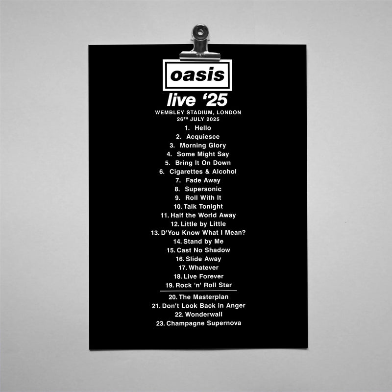 Personalised Oasis Live '25 Setlist Print – A4 or A3 Framed Wall