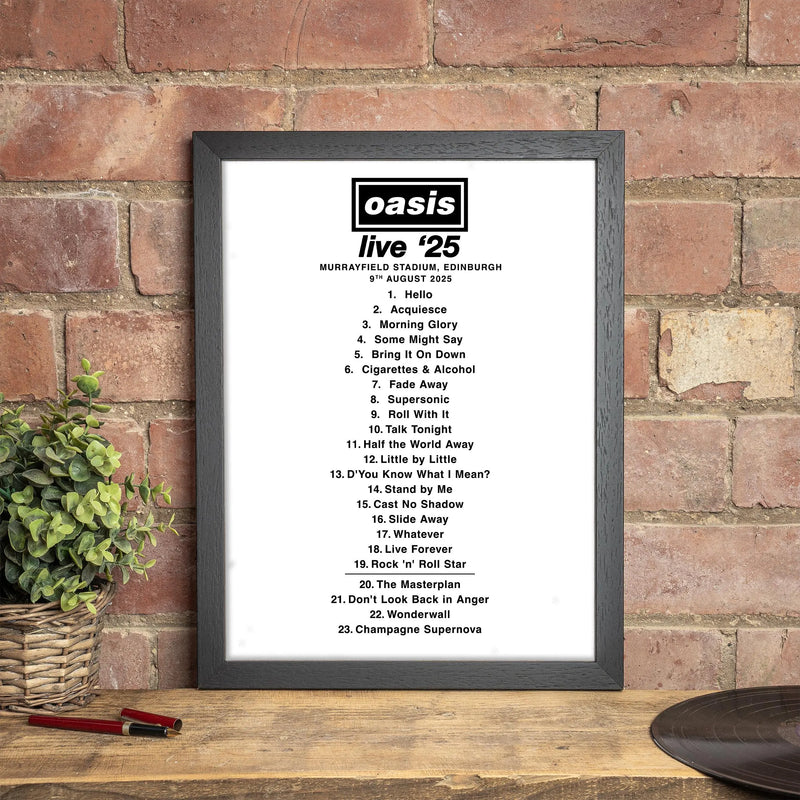 Personalised Oasis Live '25 Setlist Print – A4 or A3 Framed Wall Art | Music Poster | Fan Gift | Britpop Decor