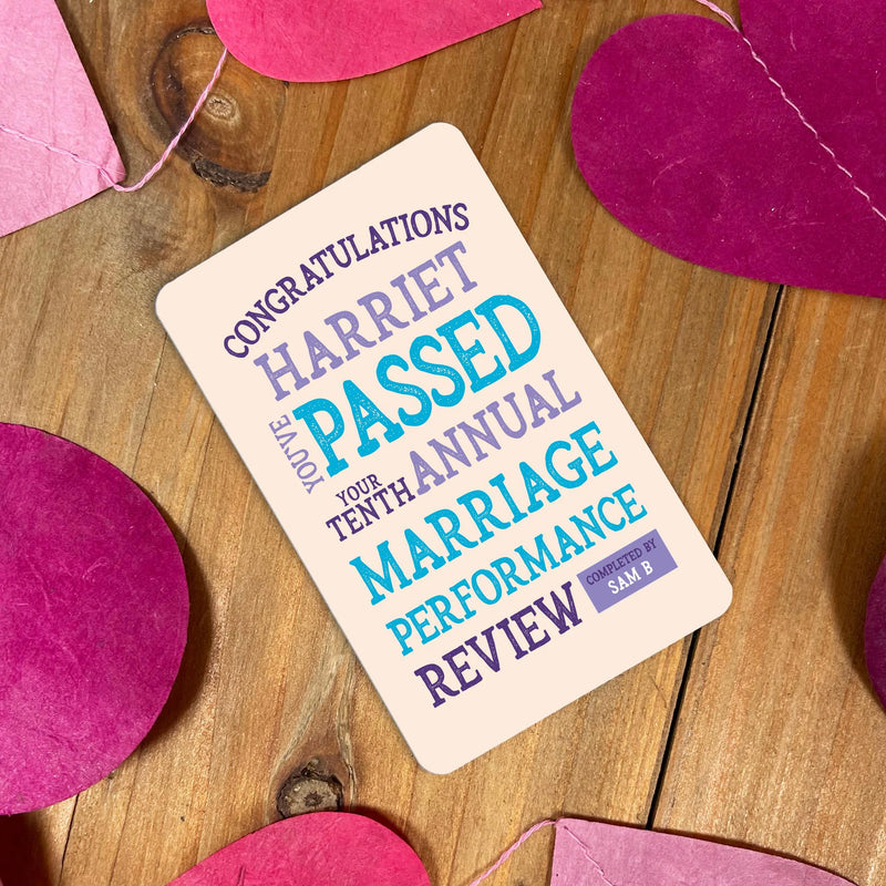 Personalised Funny Anniversary Wallet Card – Marriage Performance Review –Metal Keepsake –Own Photo – Gift for Husband, Wife or Partner
