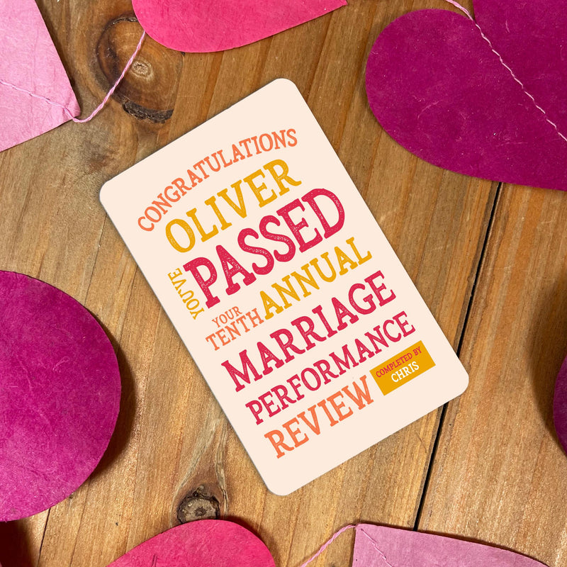 Personalised Funny Anniversary Wallet Card – Marriage Performance Review –Metal Keepsake –Own Photo – Gift for Husband, Wife or Partner