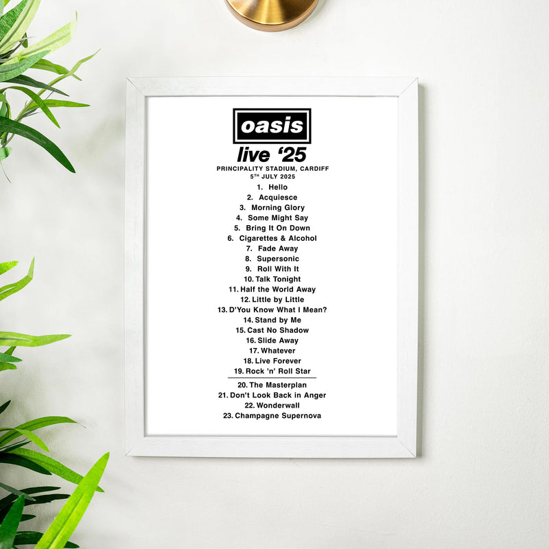 Personalised Oasis Live '25 Setlist Print – A4 or A3 Framed Wall Art | Music Poster | Fan Gift | Britpop Decor