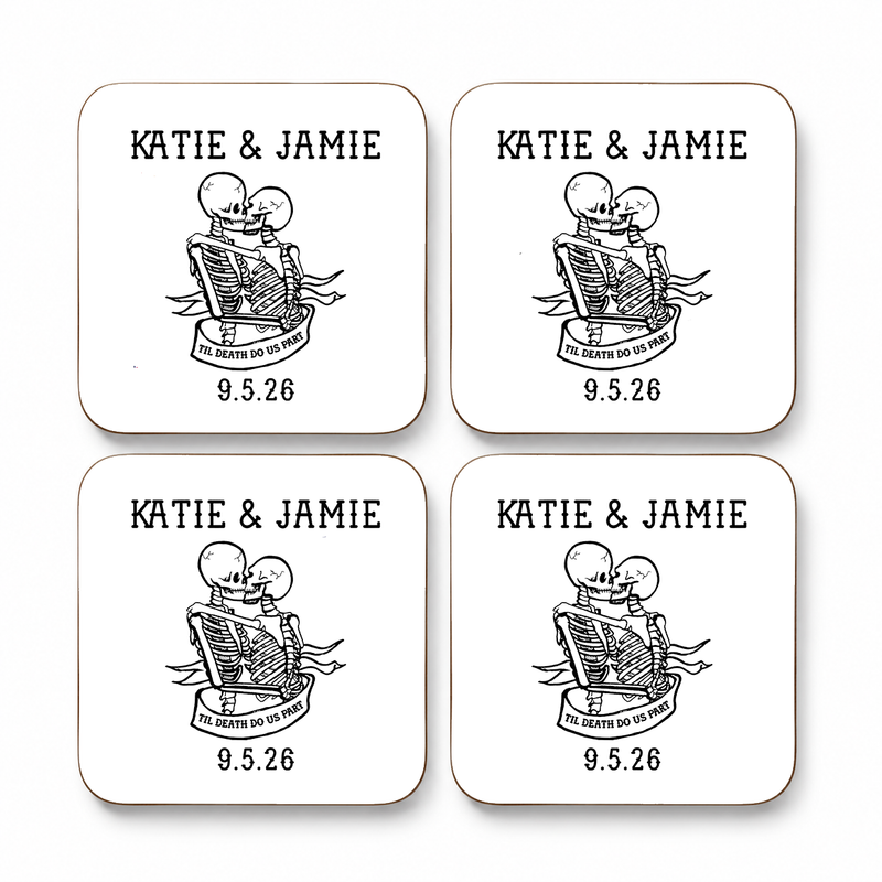 Personalised Till Death Do Us Part wedding coaster set with skeleton couple, names and date