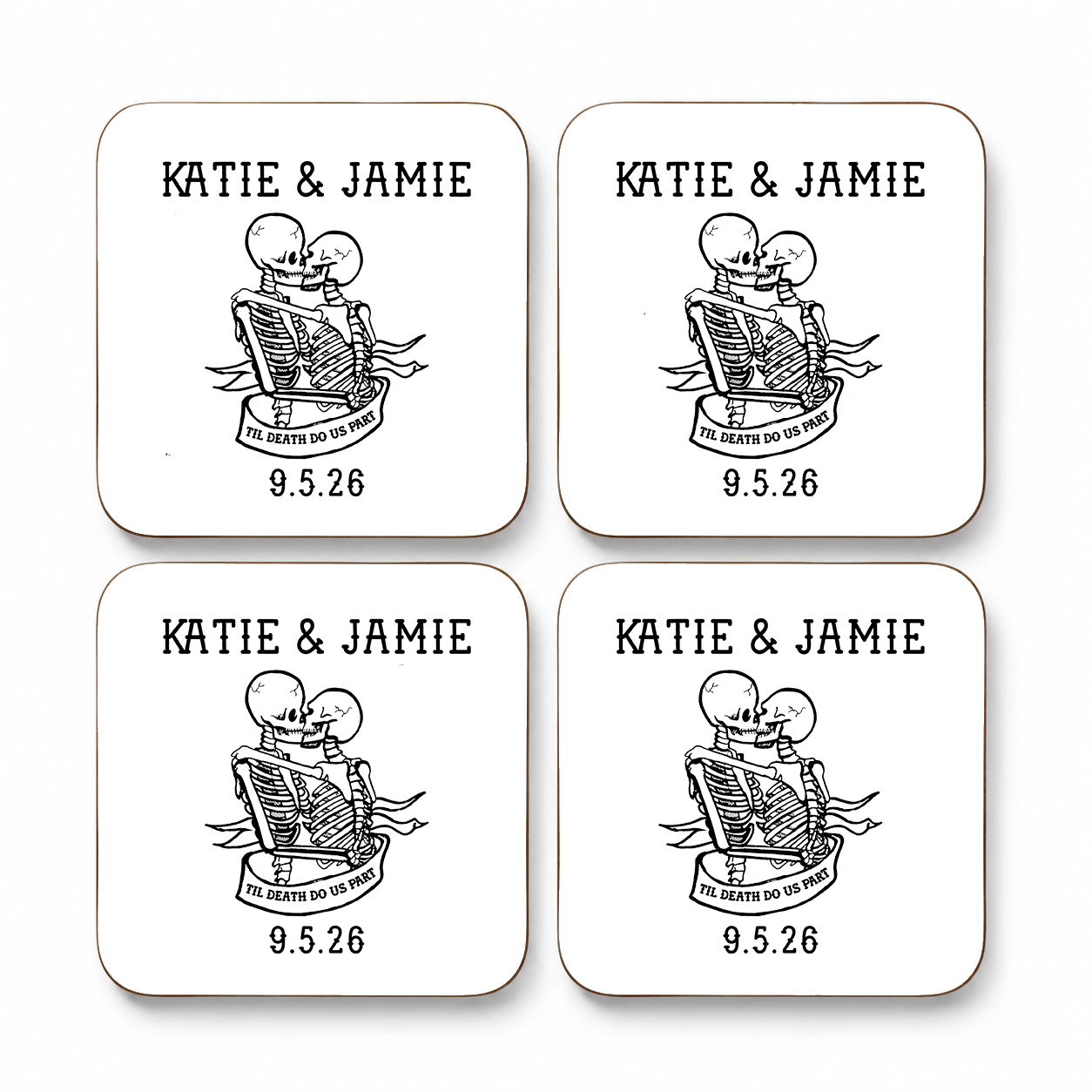 Personalised Till Death Do Us Part wedding coaster set with skeleton couple, names and date