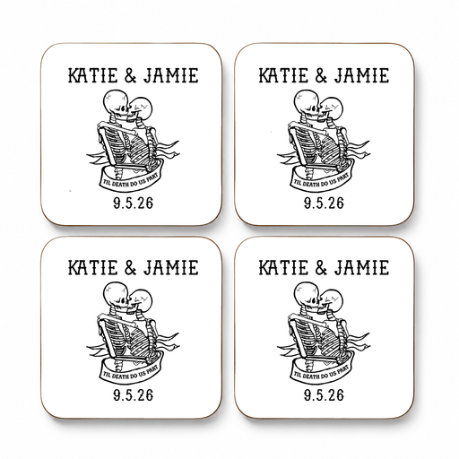 Personalised Till Death Do Us Part wedding coaster set with skeleton couple, names and date