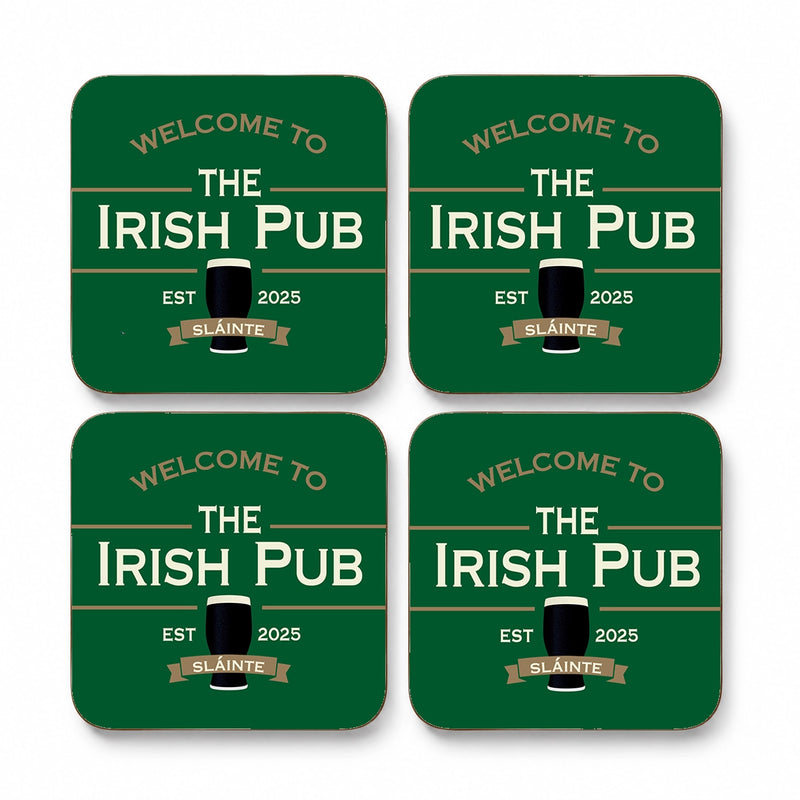 Set of four personalised Irish pub coasters for a home bar