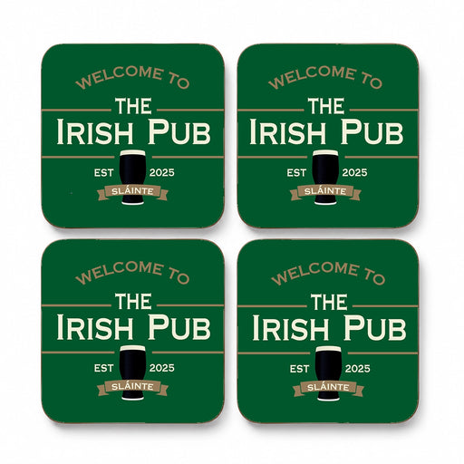 Set of four personalised Irish pub coasters for a home bar
