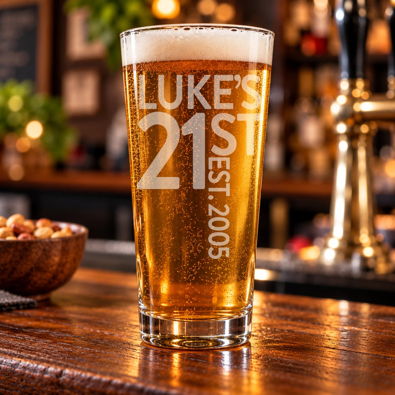 Personalised 21st Birthday Pint Glass – Engraved Name & Birth Year