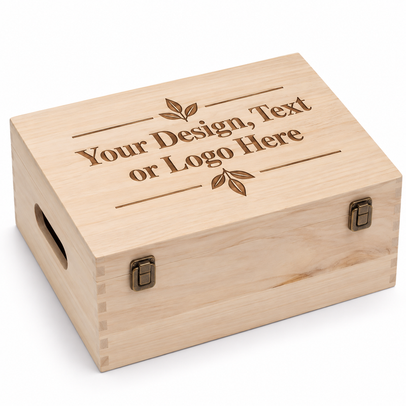 Medium personalised natural wooden keepsake box with custom laser engraved text design or logo
