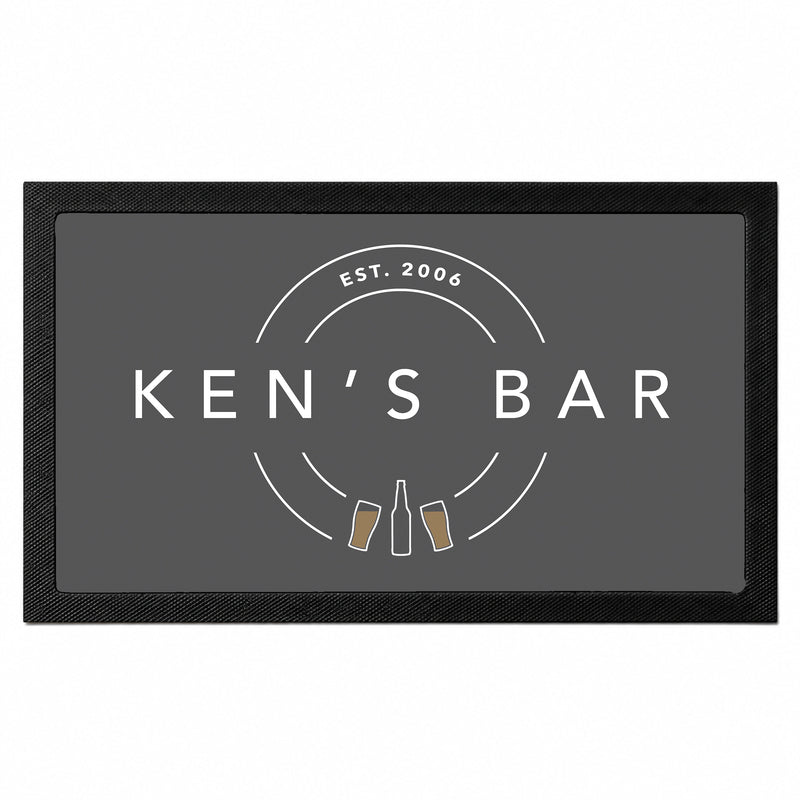 Personalised modern home bar mat with custom bar name and established year
