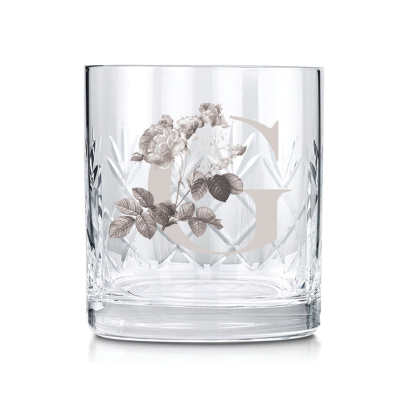 Engraved Cut Glass Tumblers With A Botanical Styles Initial