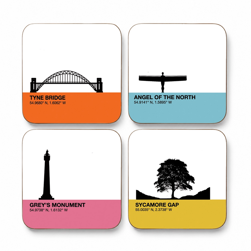 North East Landmark Coasters Set – Newcastle & Northumberland Gifts (Custom Colour Options)