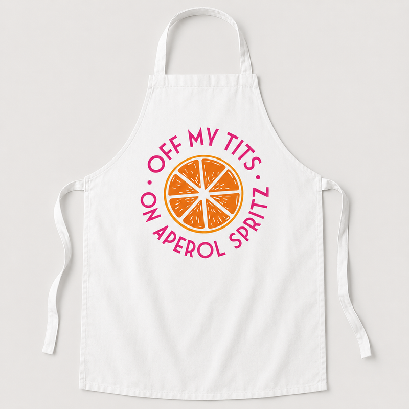 White apron featuring the Off My Tits on Aperol Spritz design