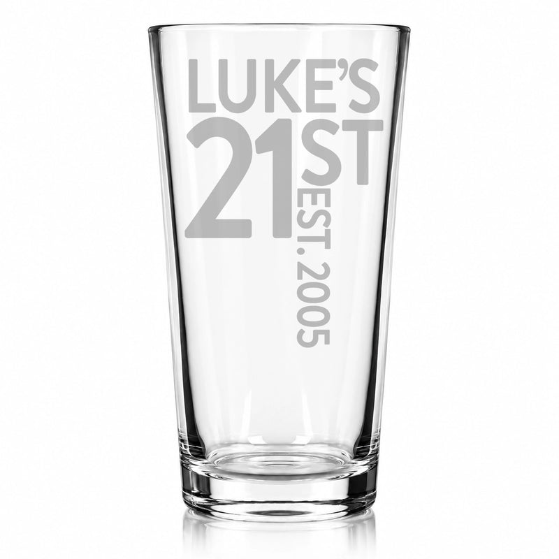 Personalised 21st birthday pint glass engraved with Luke's name and birth year