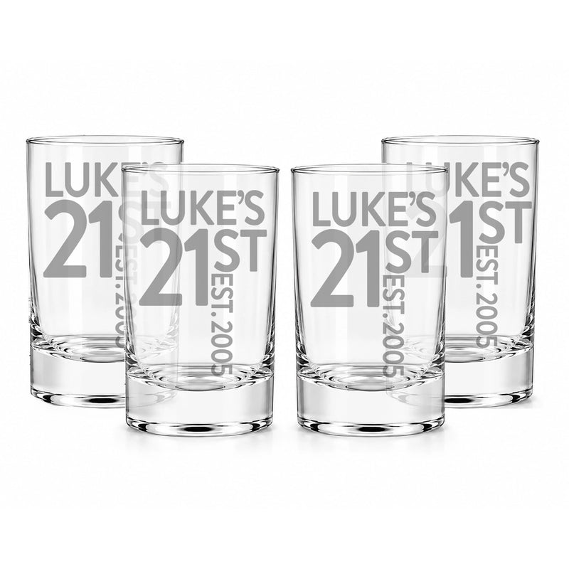 Four personalised 21st birthday shot glasses engraved with Luke's name and birth year