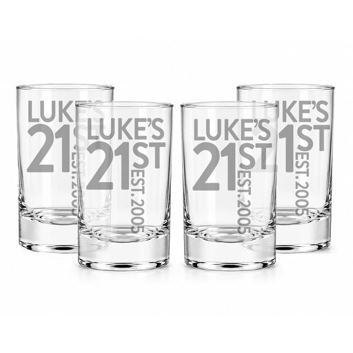 Four personalised 21st birthday shot glasses engraved with Luke's name and birth year