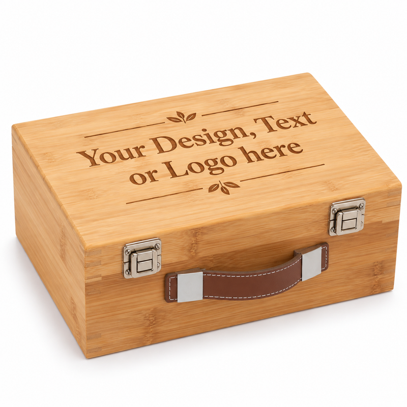 Personalised bamboo keepsake box with custom text design or logo laser engraving