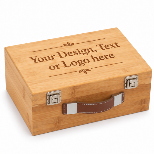 Personalised bamboo keepsake box with custom text design or logo laser engraving