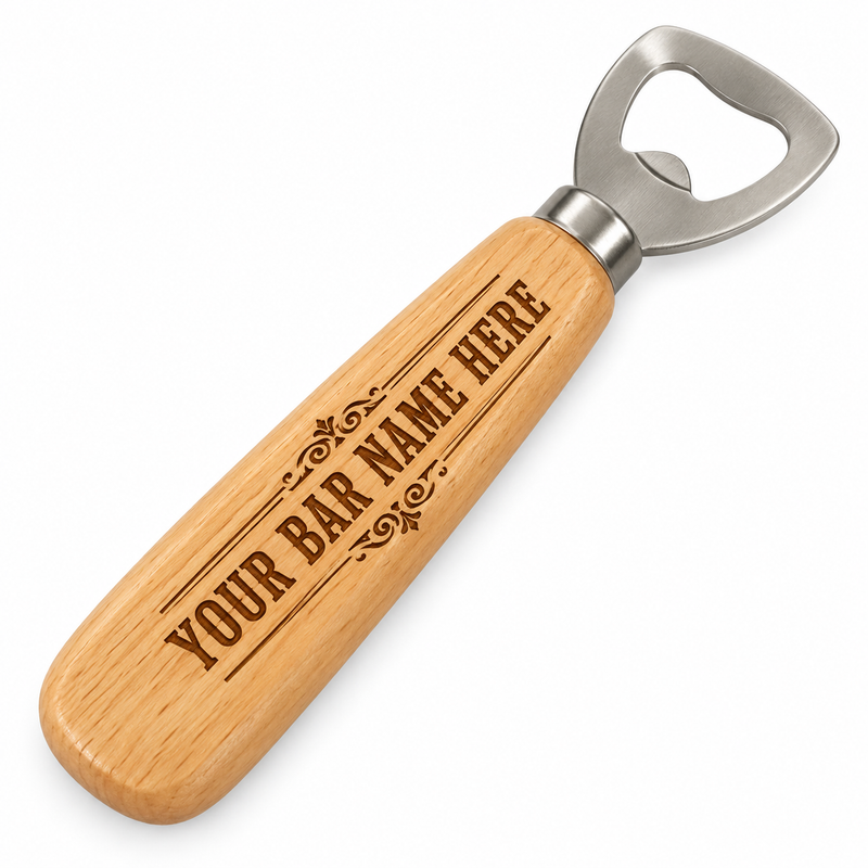 A personalized wooden and stainless steel bottle opener with a heart-shaped metal pull tab, featuring a laser-engraved wood handle that reads 'YOUR BAR NAME HERE' with decorative flourishes, shown on a plain white background.