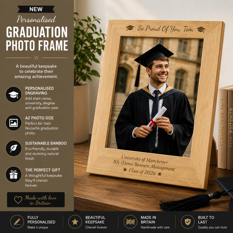 Personalised bamboo graduation photo frame with engraved name university degree and year