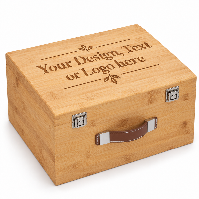 Large personalised bamboo keepsake box with custom text design or logo laser engraving